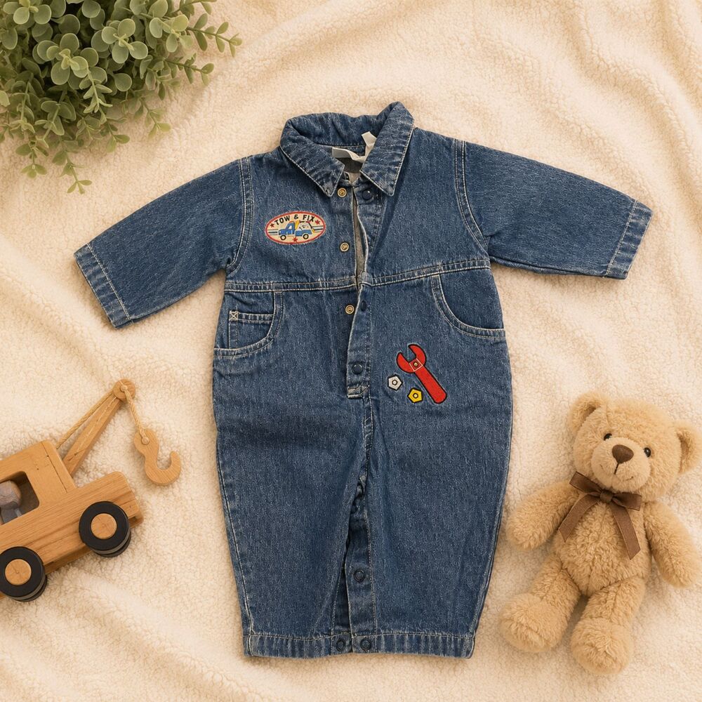 Vintage Cutie Wear Denim Tow Truck Mechanic Coverall Romper 3/6 Months Baby